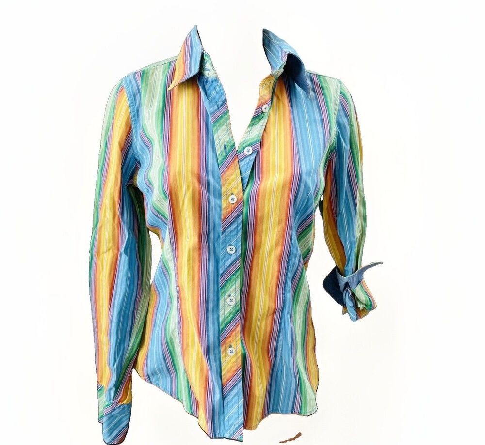 Tommy Hilfiger Womens Striped Button Down Shirt Size 6 Yellow Blue Green